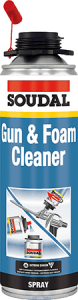 Soudal Gun & Foam Cleaner spray can with red nozzle, blue label showing product name and an illustration of a foam gun.
