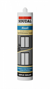 Tube of SOUDAL Alusil high-performance acrylic sealant for aluminum and steel doors and windows, shown with window graphic on label.