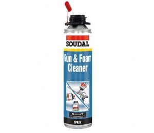 Soudal Gun & Foam Cleaner spray can with red cap and blue label showing product name.