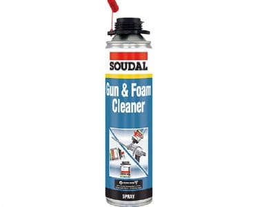 Soudal Gun & Foam Cleaner spray can with red nozzle cap on top and blue label showing product name and illustration of a gun and foam cleaner.