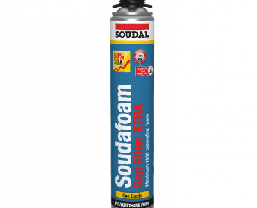 Blue can of Soudafom Gap Filler XTRA polyurethane foam, featuring Soudal branding and warning labels.