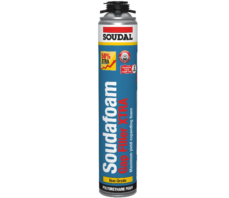 Blue can of Soudafom Gap Filler XTRA polyurethane foam, featuring Soudal branding and warning labels.