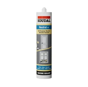 Tube of Soudal Neutral+ all-purpose silicone sealant, upright with blue label, used for sealing wood, glass, metal, ceramic, and concrete.