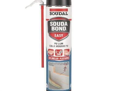 Can of Soudal Souda Bond Easy polyurethane foam with an attached red applicator straw/gun attached to the top.