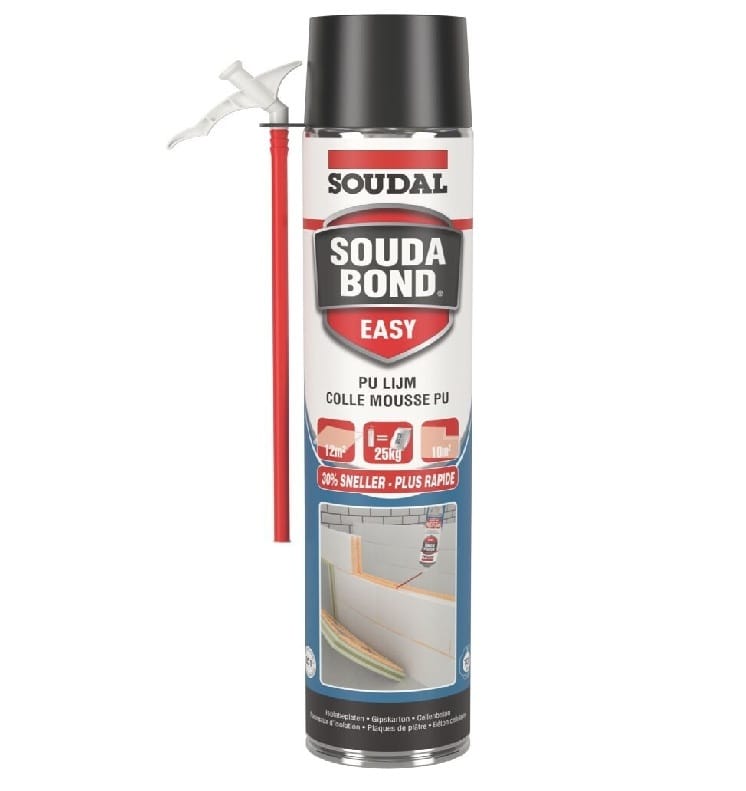 Can of Soudal Souda Bond Easy polyurethane foam with an attached red applicator straw/gun attached to the top.