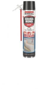 Can of Soudal Souda Bond Easy PU foam sealant with red applicator straw and black nozzle, standing upright against a white background on label-facing view