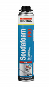 Soudal Foam Pro gun-grade expanding polyurethane foam canister with blue label and white Soudal logo.