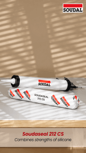 Display of SOUDAL silicone sealants and cartridges: two white tubes and a branded bag on a counter, with 'Soudaseal 212 CS' text visible and a red SOUDAL logo nearby.