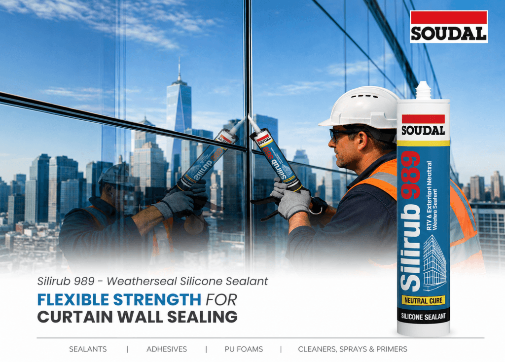 Worker in safety gear applies Soudal silicone sealant to a glass curtain wall with the city skyline in the background, product tube visible on the right side.