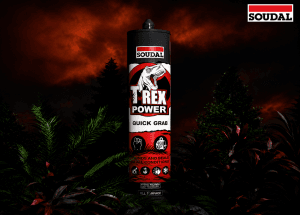 Tall black-and-red Soudal T-Rex Power Quick Grab sealant cartridge standing upright against a dark jungle background with the Soudal logo visible on the label.