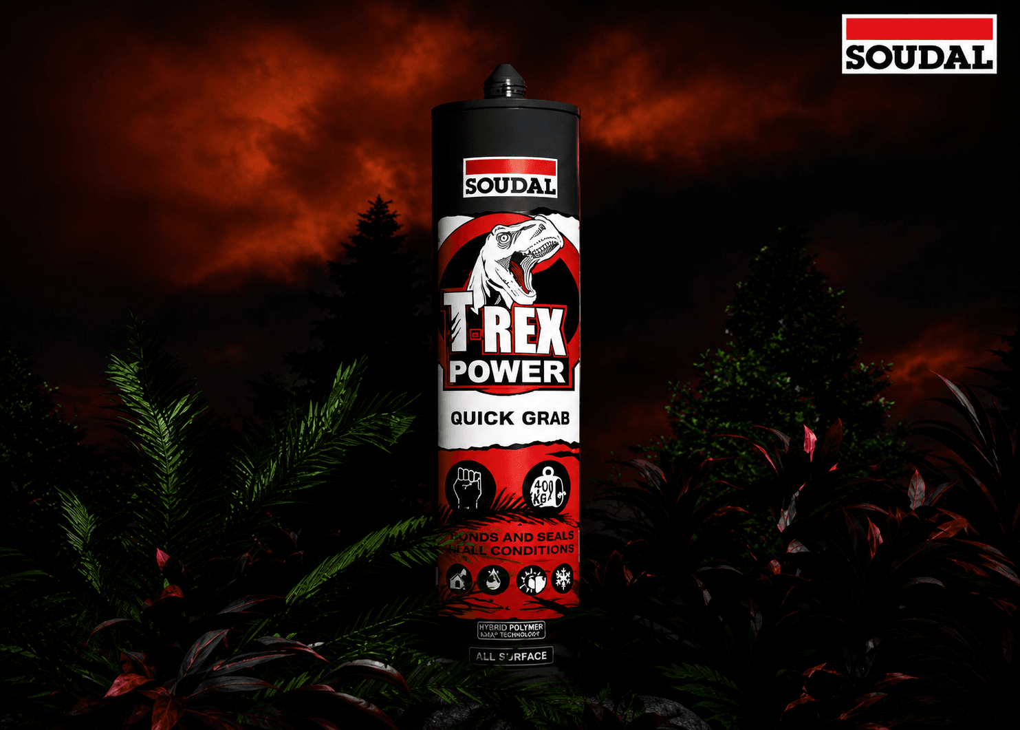 Tall black-and-red Soudal T-Rex Power Quick Grab sealant cartridge standing upright against a dark jungle background with the Soudal logo visible on the label.