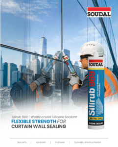 Two construction workers seal a glass curtain wall using Soudal Silirub 989 silicone sealant on site.