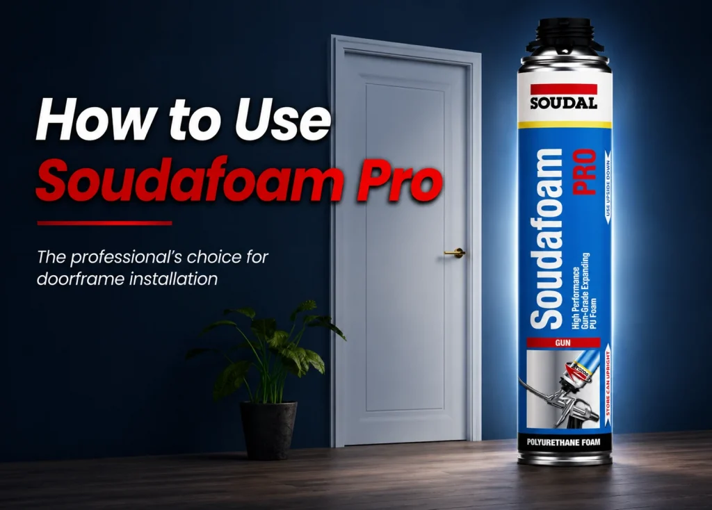 Advertisement for Soudal Foam Pro showing a doorway and a large foam canister with the headline 'How to Use Soudal Foam Pro' and the subheading about doorframe installation.