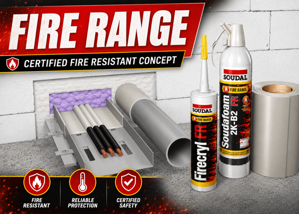 Fire Range branding with a fire-resistant concept banner, showing insulation, pipes, and Soudal fire-range products on a concrete wall.