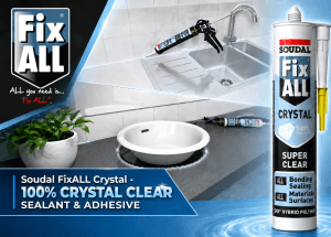 Advertisement for Soudal Fix ALL Crystal sealant showing a kitchen sink and caulking gun with a bold blue banner.