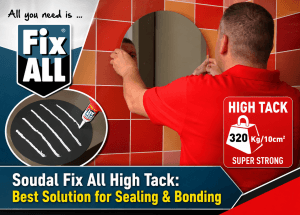 Promotional banner showing a man in a red shirt applying sealant to red tile wall with a circular inset of sealant lines and a high-tack badge reading 320 Kg/10 cm2.