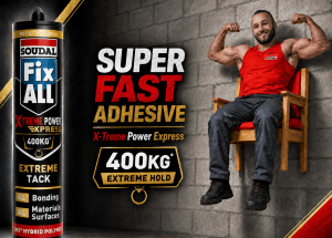 Ad for Soudal Fix All X-Treme Power Express: man in a red shirt flexing next to the can, promoting 400 kg hold and fast adhesive.