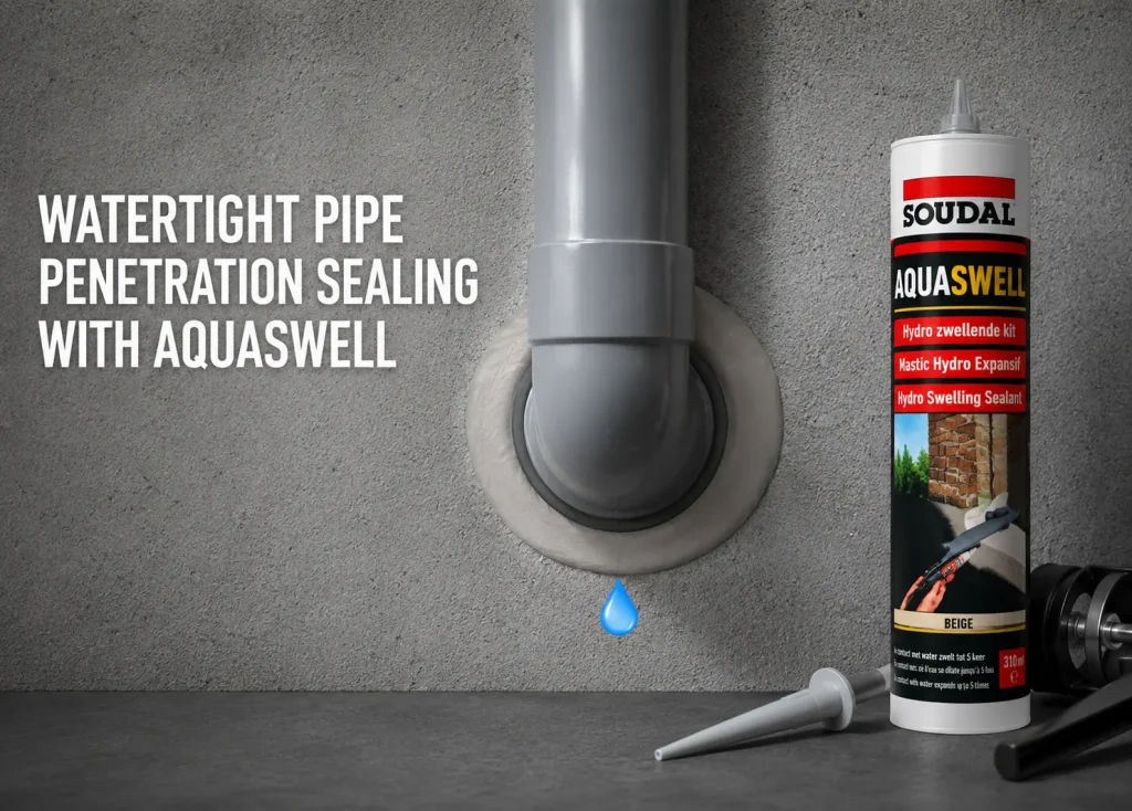 Gray pipe penetrating a concrete wall sealed with AQUASWELL hydro swell sealant; a tube of the product stands to the right.