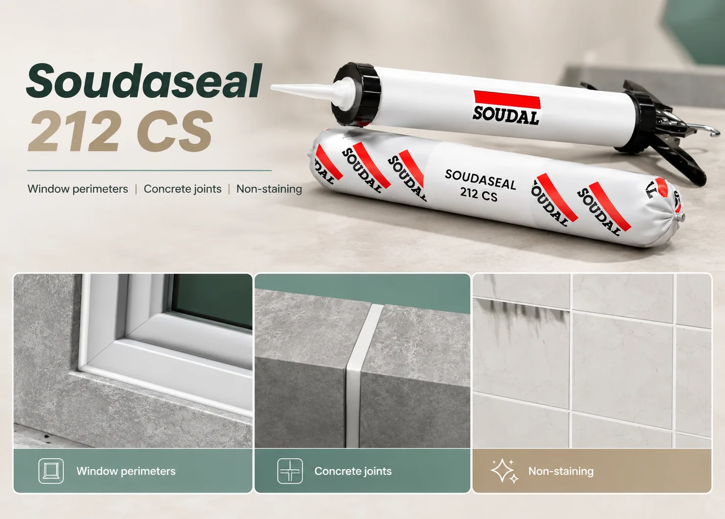 Two Soudaseal 212 CS caulking cartridges on a neutral background with tile and sealant examples.