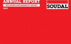 Red annual report cover with bold white text 'ANNUAL REPORT' and a 'SOUDAL' logo, 2025, on a red background with 'INCLUDING SUSTAINABILITY REPORT' banner.