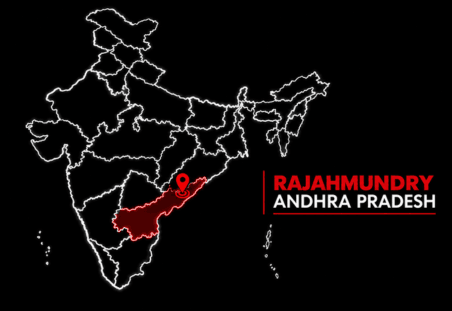 Map of India with Andhra Pradesh highlighted in red and a location marker at Rajahmundry, Andhra Pradesh (India).