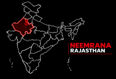 Outline map of India on a black background with Neemrana, Rajasthan highlighted in red and labeled NEEMRANA, RAJASTHAN