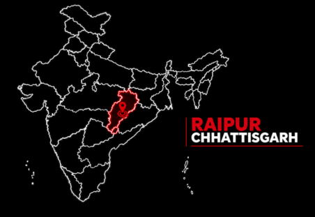 Outline of India with Chhattisgarh highlighted in red; on the right, the label 'RAIPUR CHHATTISGARH' in red and white.