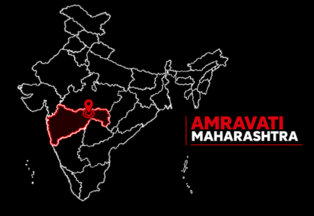 Map of India with Maharashtra highlighted in red, focusing on Amravati region, overlaid by the label 'AMRAVATI MAHARASHTRA' in red and white.