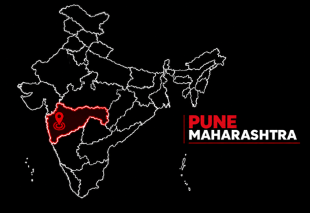 Outline map of India with Maharashtra highlighted in red, pinpointing Pune; 'PUNE MAHARASHTRA' shown to the right.