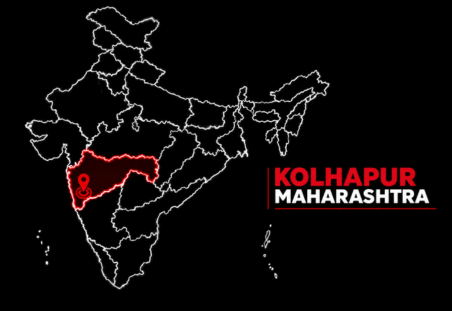 Outline map of India with Maharashtra highlighted in red, labeled Kolhapur, Maharashtra