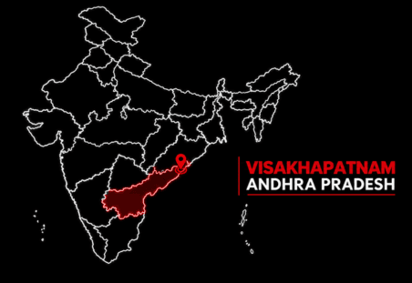 Visakhapatnam - Soudal India - Soudal India Map of India with Andhra Pradesh highlighted in red and a location pin marking Visakhapatnam.