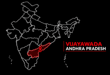 Vijayawada - Soudal India - Soudal India Map of India with Andhra Pradesh highlighted in red and a Vijayawada marker on the state boundary, with the label nearby.