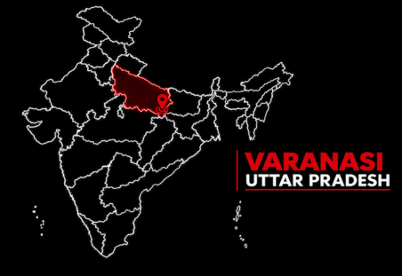 Varanasi - Soudal India - Soudal India Map of India with Uttar Pradesh highlighted in red to indicate Varanasi; text on the right reads 'VARANASI UTTAR PRADESH'.