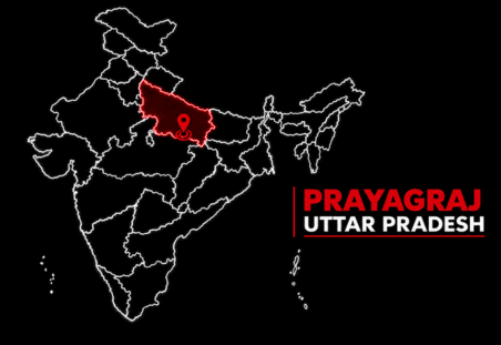 Prayagraj, Uttar Pradesh - Soudal India - Soudal India India map outline with Uttar Pradesh highlighted in red and a location pin at Prayagraj; text 'PRAYAGRAJ UTTAR PRADESH' on the right.