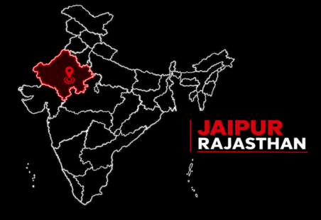 Jaipur - Soudal India - Soudal India Map of India with Rajasthan highlighted in red and a red pin on the state, alongside the bold text 'JAIPUR RAJASTHAN' in red and white.