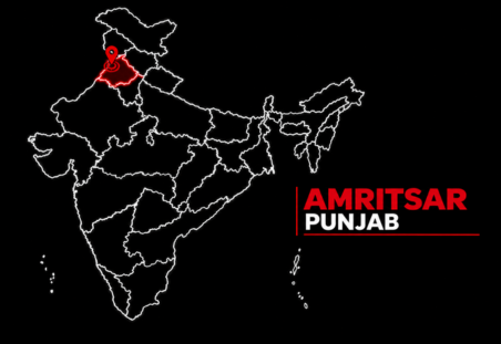Map of India with Amritsar, Punjab highlighted in red and labeled on the right side.