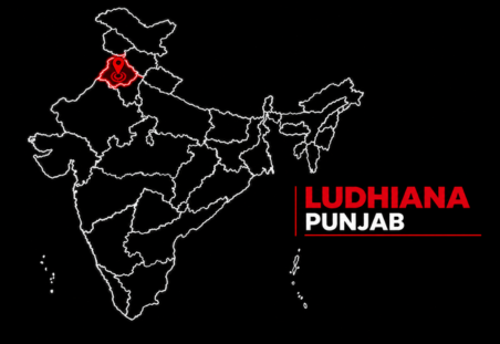Outline map of India with Ludhiana, Punjab highlighted in red and labeled Ludhiana Punjab on a black background.
