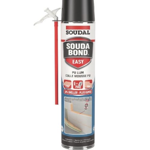 Can of Soudal Souda Bond Easy polyurethane foam with an attached red applicator straw/gun attached to the top.